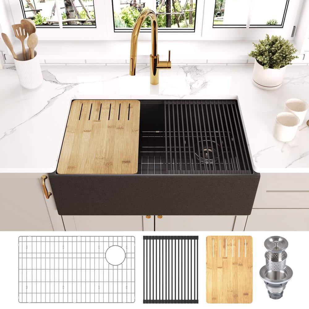 30-inch L Single Bowl Concrete Workstation Farmhouse Kitchen Sink Large Capacity Deep Dual Mount with Accessories