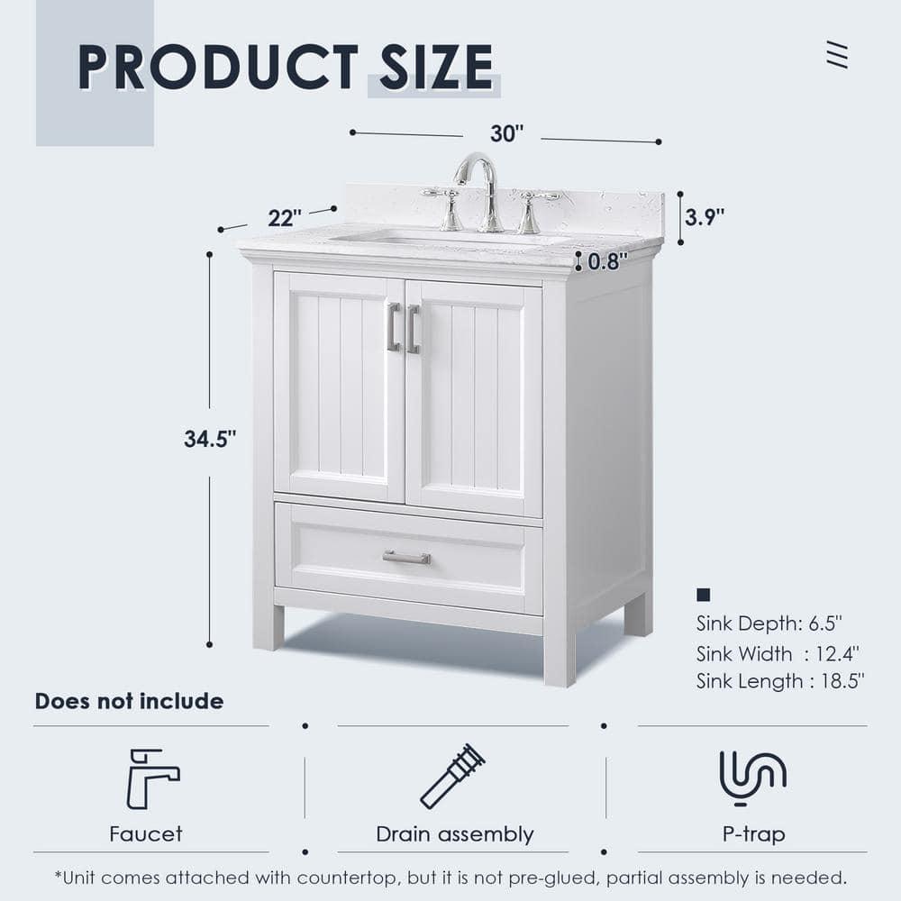 Isla 30" Single Bathroom Vanity Set in White and Carrara White Marble Countertop without Mirror