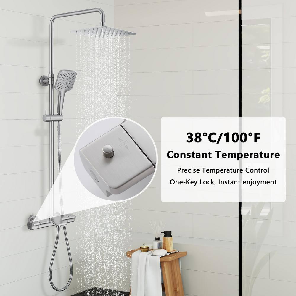 4-Spray Patterns 9.8 in. Thermostatic Tub Wall Mount Dual Shower Heads Shower Faucet in Brushed Nickel