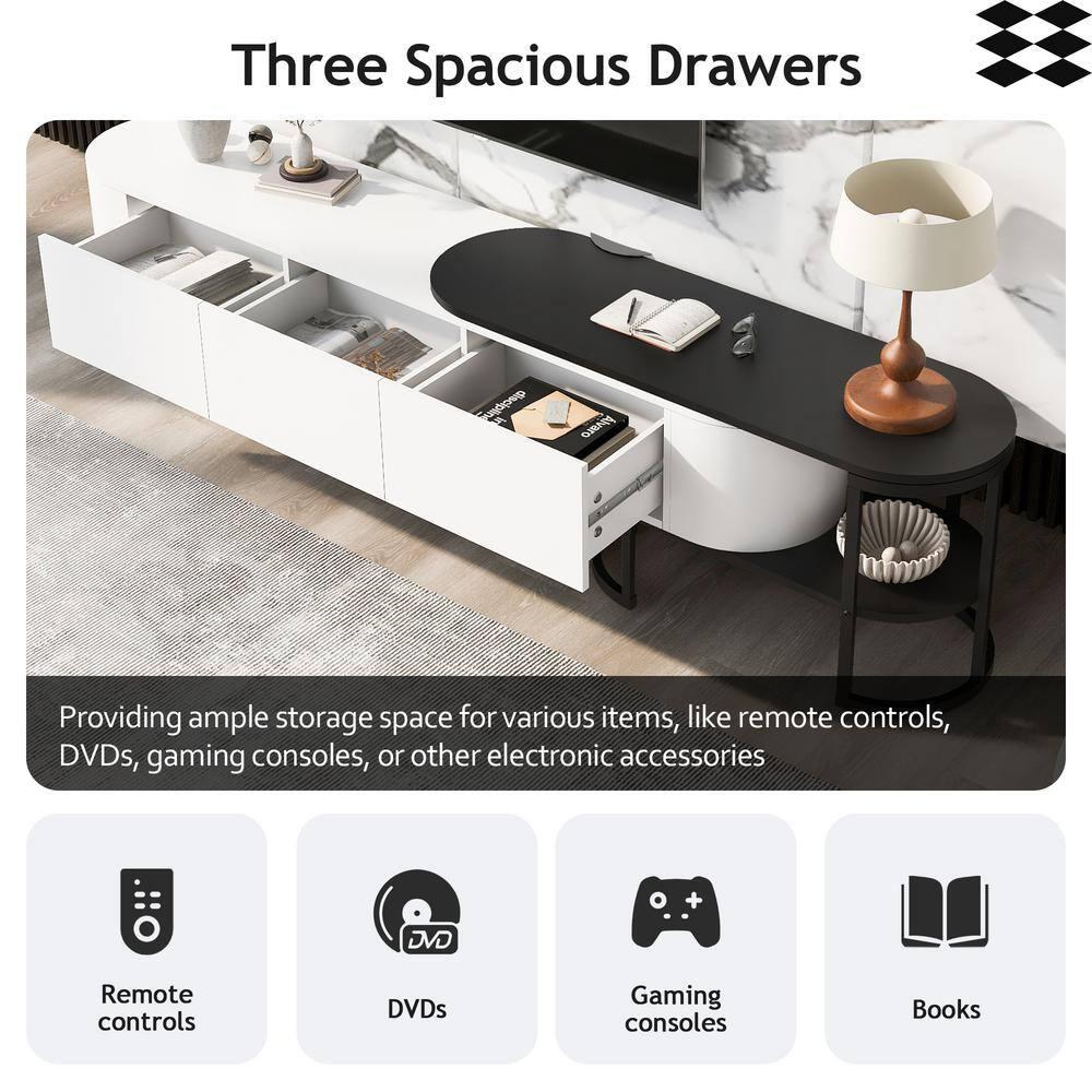 White and Black Modern TV Stand with 3 Drawers and Shelves