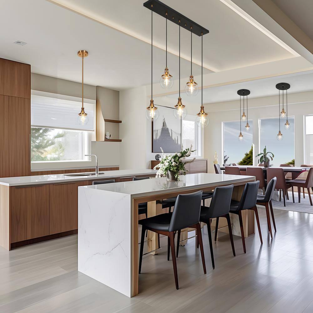 LNC Capensis 1-Light Matte Black and Polished Gold Clear Glass Globe LED Mini Indoor Kitchen Island Light: UL Listed, Adjustable Height