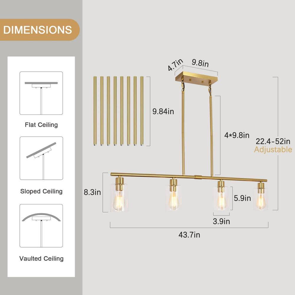 Modern Gold Kitchen Island Chandelier 4-Light Brushed Brass Farmhouse Pendant Light Industrial Kitchen Island Lighting Fixture with Glass Shades Hanging Lamp for Dining Living Room