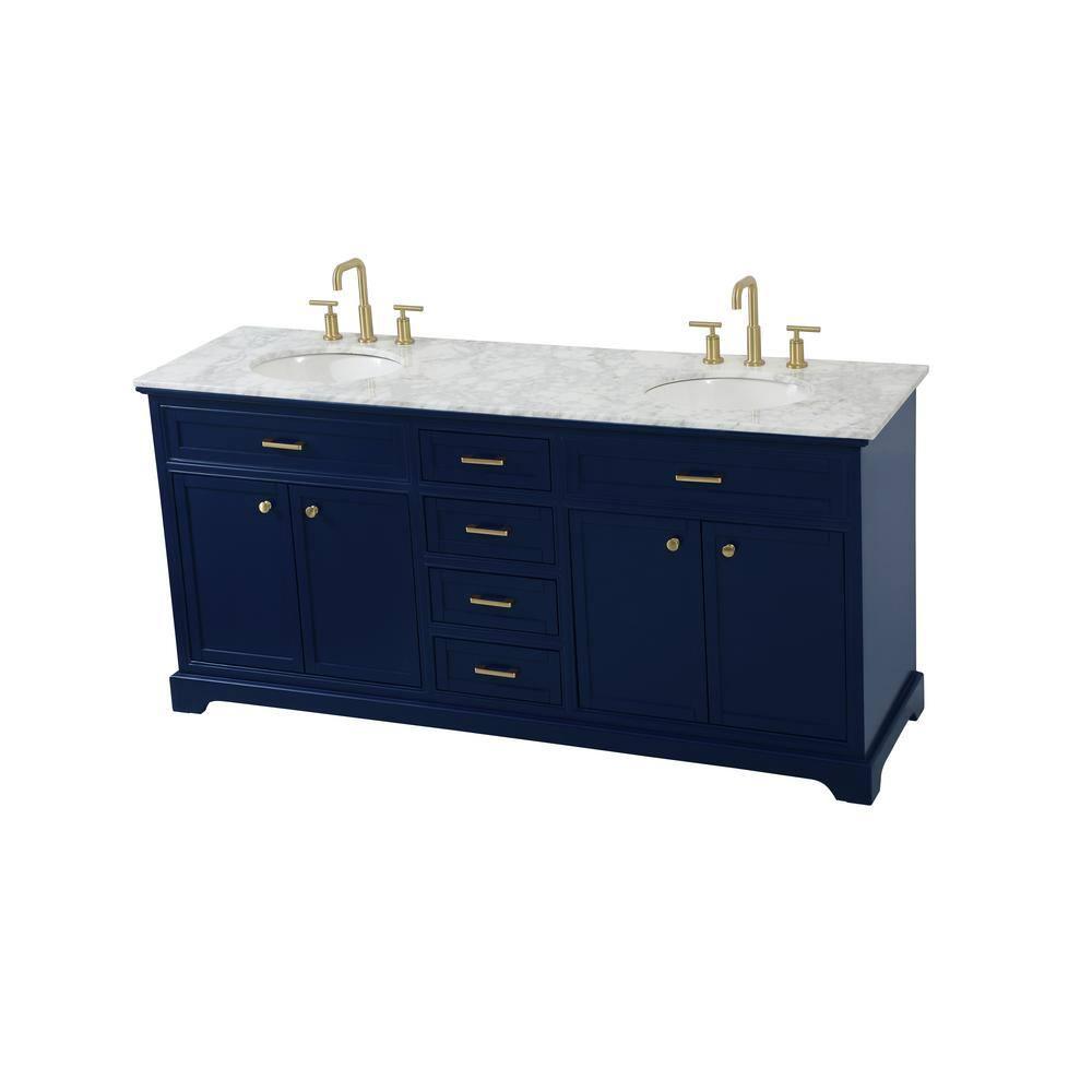 Elegant Decor Americana 72" Metal MDF Marble Double Bathroom Vanity in Blue
