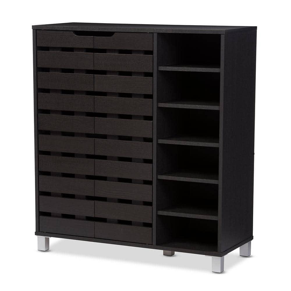 Shirley Modern and Contemporary Wood 2-Door Shoe Cabinet with Open Shelves - Dark Brown - Baxton Studio: Espresso Finish, Metal Frame, 10 Compartments