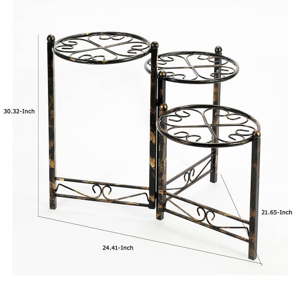 3 Tier Heart Clover Design Round Top Metal Plant Stand, Black- Saltoro Sherpi
