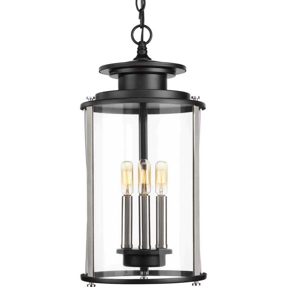 Progress Lighting Squire 3-Light Hanging Lantern, Steel, Black Finish, Clear Glass Shade