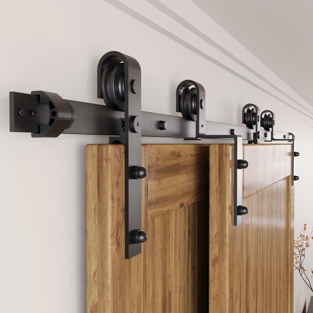 Homacer Black Rustic Single Track Bypass Sliding Barn Door Hardware Kit 6.6ft Black Rustic Carbon Steel Powder Coated Barn Door Hardware Kit