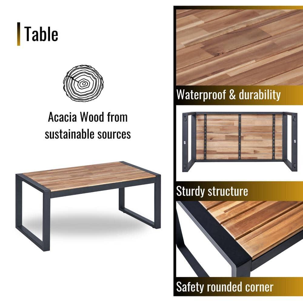 Patio Furniture Set for 4, Rattan Outdoor  Conversation Set with Wood Table, Brown PE Wicker Porch Sofa Set with Cushions, Porch Deck Poolside Furniture, Max 705LBS