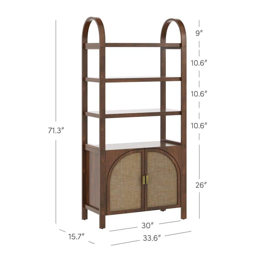 Boho 3-Shelf Bookshelf Cabinet With Rattan Doors