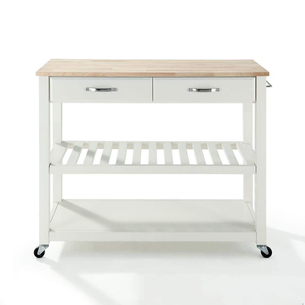 Crosley Natural Wood Top Kitchen Cart/Island with Optional Stool Storage  White : Solid Hardwood, Mobile Storage
