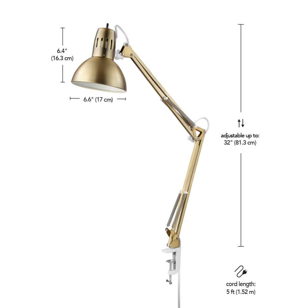 Globe Electric 62000010 32" Multi-Joint Desk Lamp with Metal Clamp, Matte Brass, White Accents, On/Off Rotary Switch on Shade, Partially Adjustable Swing Arm, Home Décor, Office Accessory
