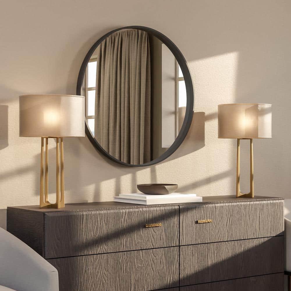 WallBeyond Classic Wooden Frame Farmhouse Round Wall Mirror Satin Black 24 inches Black