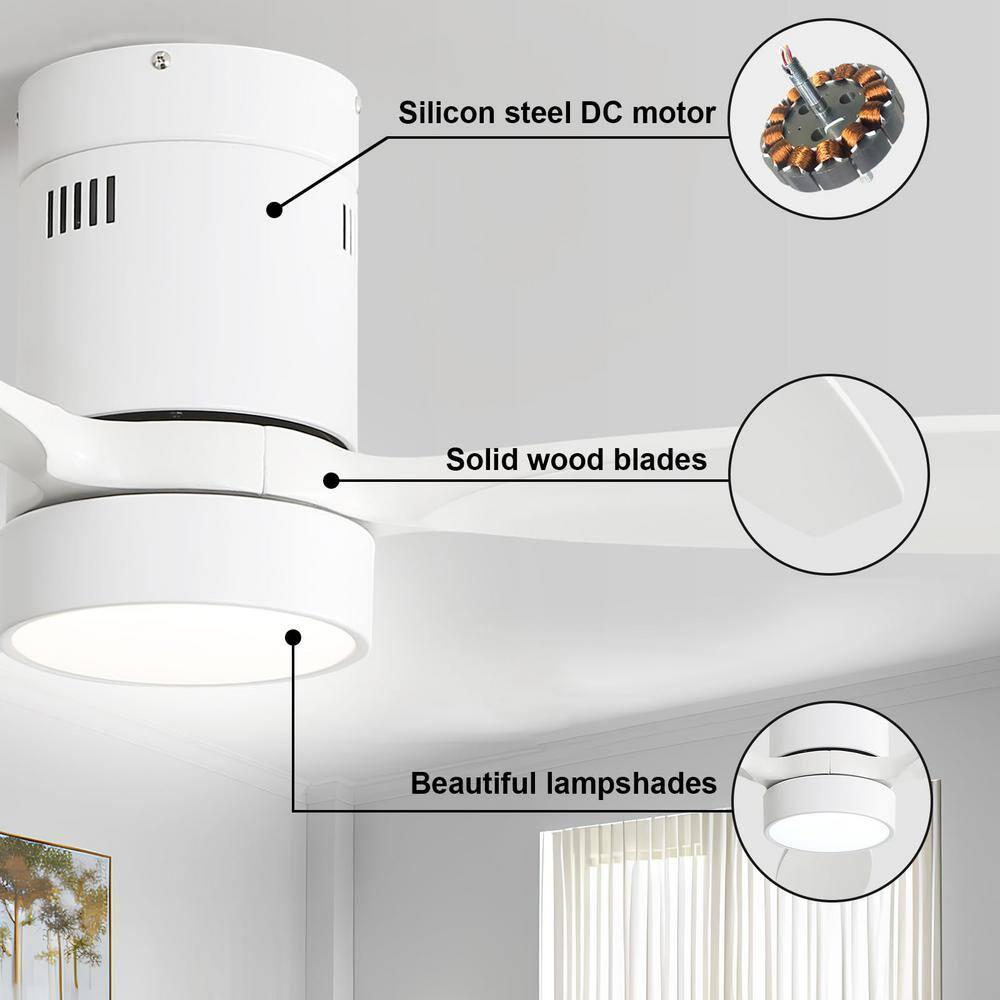 Sofucor 52 inch Wood Low Profile White Ceiling Fans with Lights and Remote, Modern Flush Mount Quiet Ceiling Fan for Bedroom, Reversible DC Moto