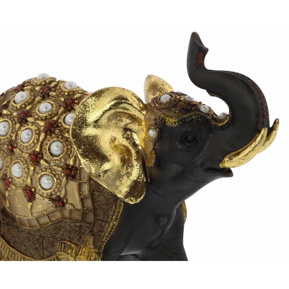 World Menagerie Alfhild Polystone Handmade Decorated Elephant Gold Sculpture with Ornate Dresswear and Pearl Accents Set