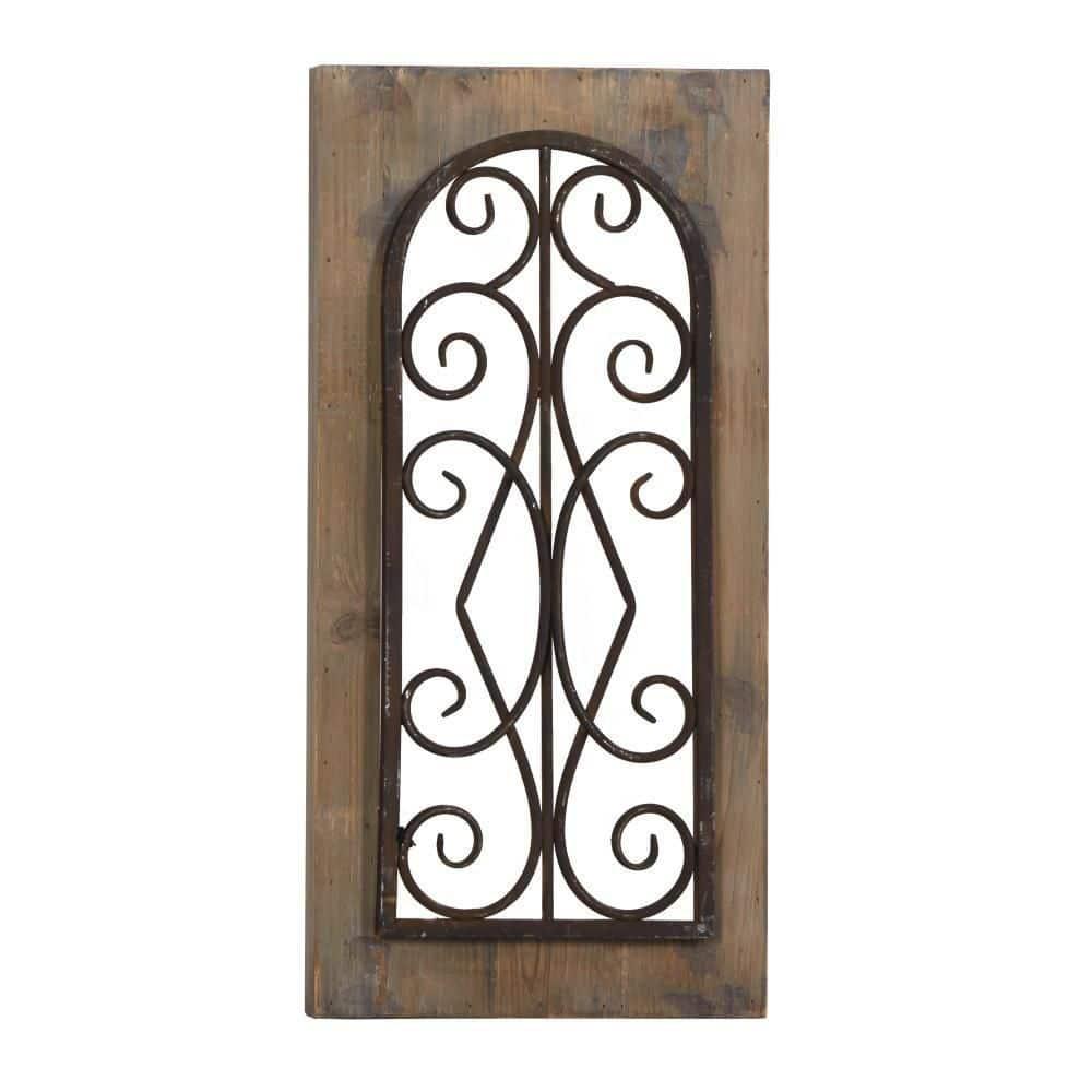 Deco 79 Wood Scroll Home Wall Decor Window Inspired Wall Sculpture with Metal Scrollwork Relief, Wall Art 11" x 2" x 23", Brown