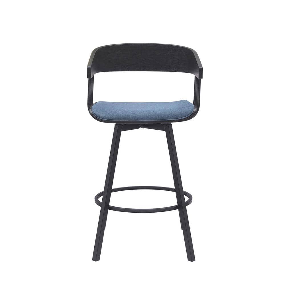 Armen Living Indoor Athena 27" Swivel Black Wood Counter Stool in Blue Fabric with Black Metal