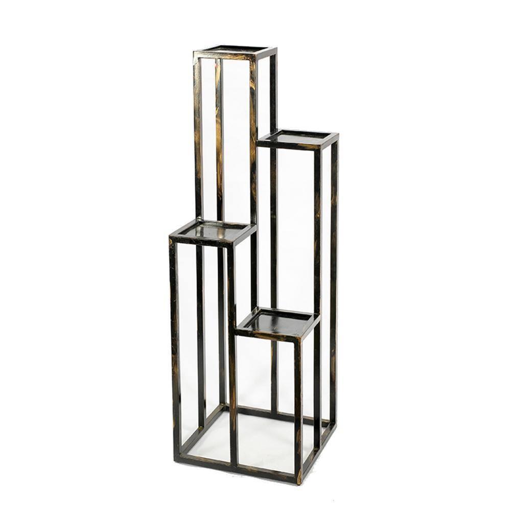 Benjara 4 Tier Cast Iron Frame Plant Stand with Tubular Legs, Black and Gold