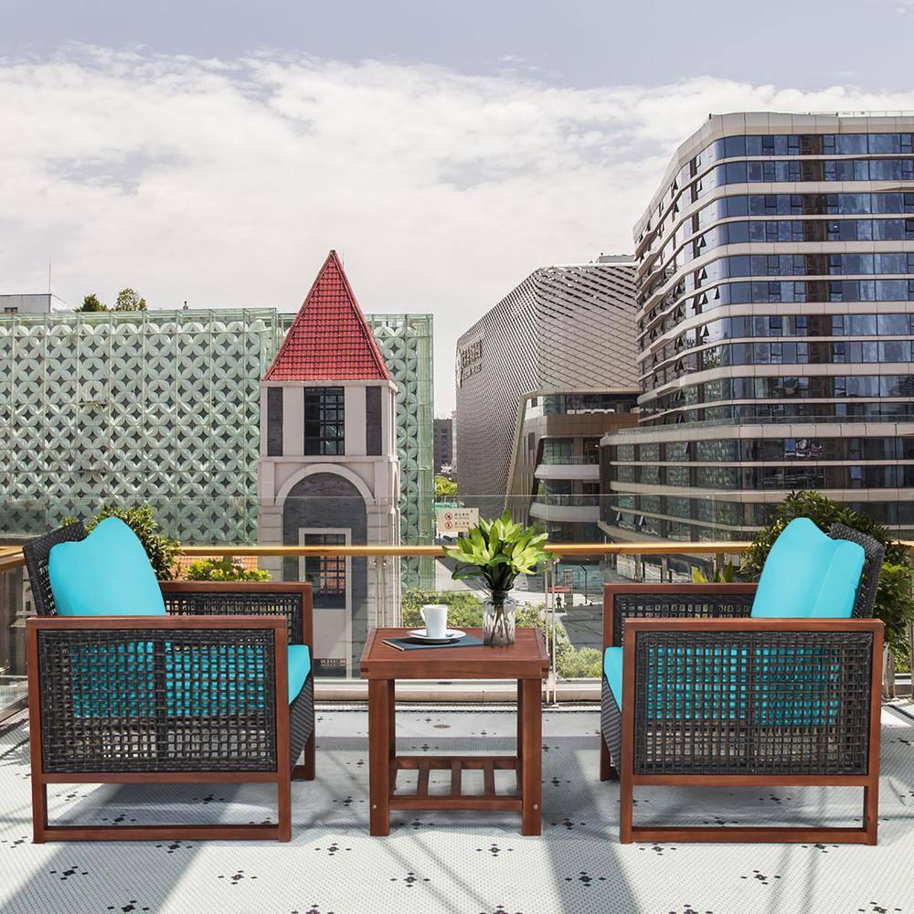 Patiojoy 3PCS Patio Rattan Bistro Set Acacia Wood Frame Sofa and Side Table Turquoise Cushions