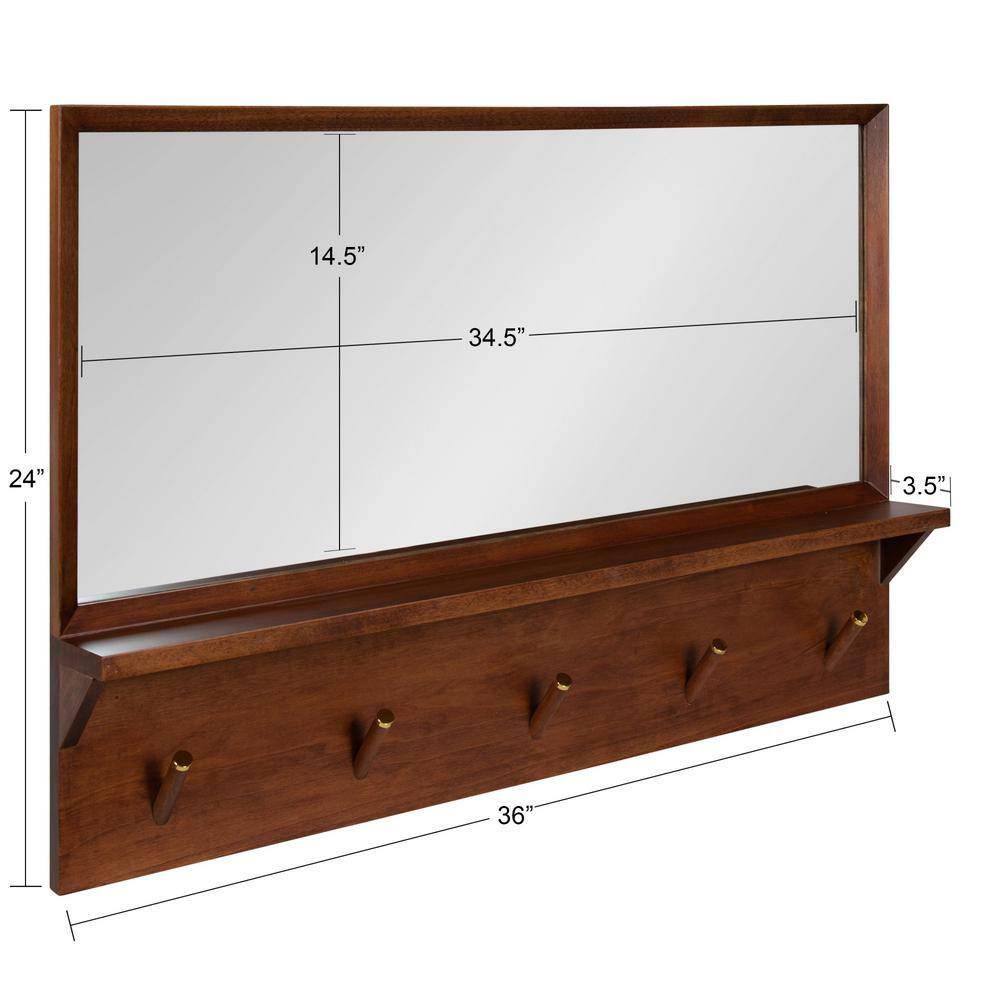 24" x 36" Hinter Functional Wall Mirror Walnut Brown - Kate & Laurel All Things Decor: Mid-Century, Storage Shelf, Hanging Hooks