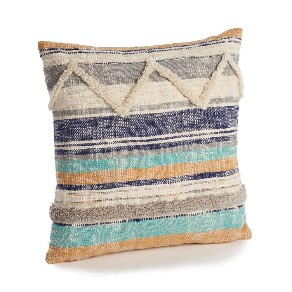 HomeRoots 18" X 18" Beige Blue And Gray Geometric Cotton Zippered Pillow