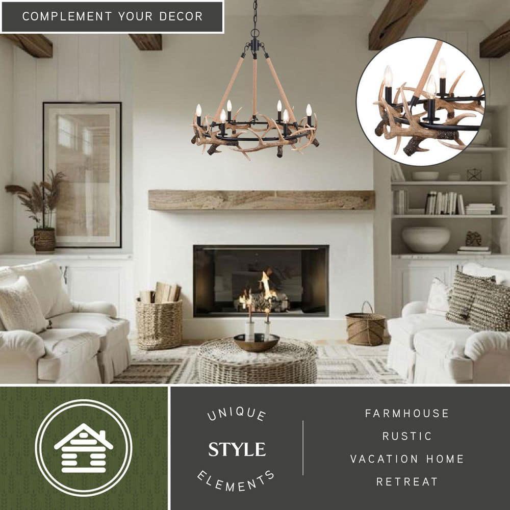 Vaxcel Breckenridge 6 Light Bronze Rustic Antler Chandelier Natural Rope Accent