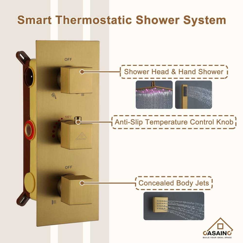 CASAINC LED Thermostatic Dual Shower Heads Ceiling Mount Fixed and Handheld Shower Head