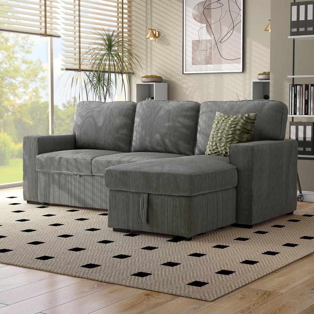 HOMES: Inside + Out Paeke Sleeper Sectional Sofa Corduroy with Storage Chaise and Reversible Dark Gray