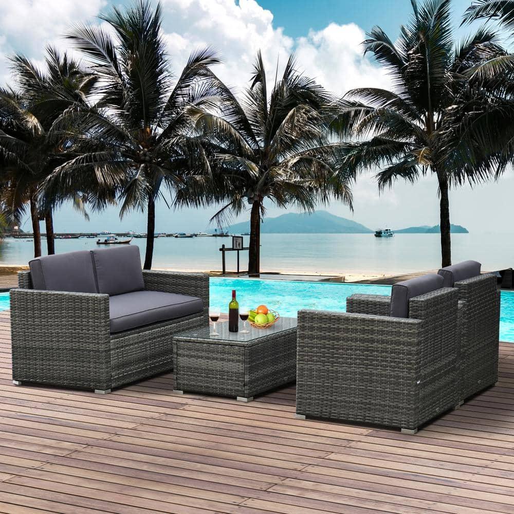 Outsunny 4-Piece Rattan Wicker Furniture Set, Outdoor Cushioned Conversation Furniture with 2 Chairs, Loveseat, and Glass Coffee Table, Gray