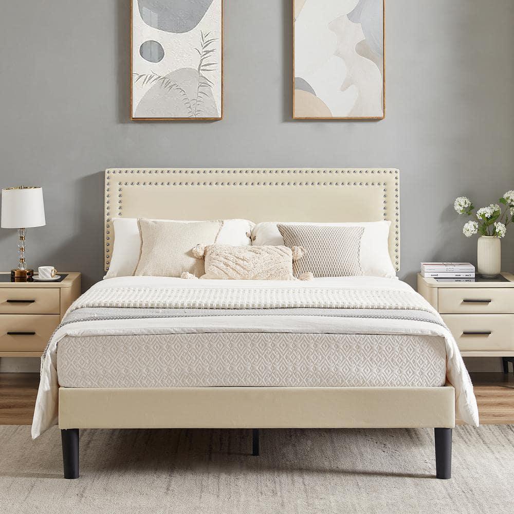 Katkuca Queen Bed Frame, Upholstered Queen Size Platform Bed Frame with Adjustable Headboard, Strong Wood Slat Support, No Box Spring Needed, Beige
