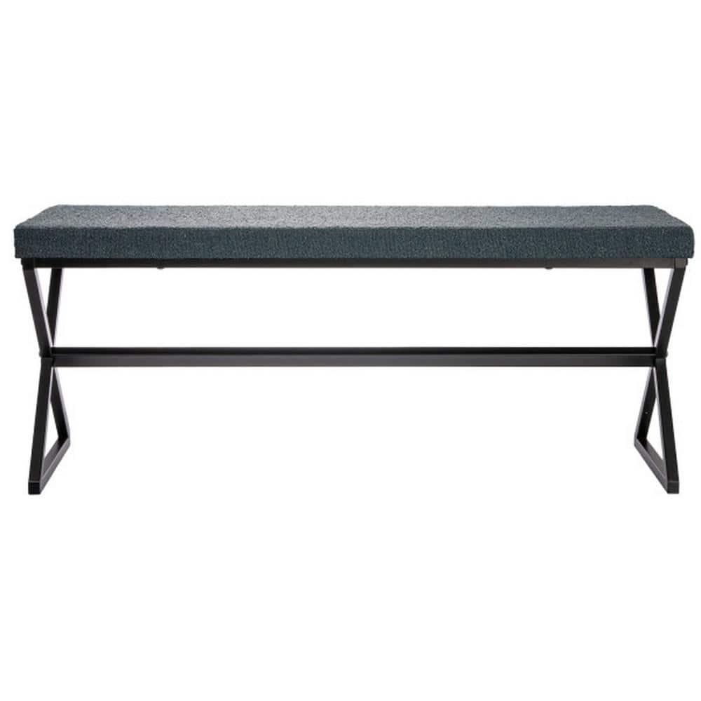 Household Essentials Harper Metal Bench with Boucle Upholstered Cushion, Blue-Grey and Black