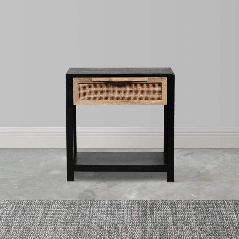 Benzara 22" Side Table with Rattan Front Drawer and Open Shelf Mango Wood Frame Black/Brown