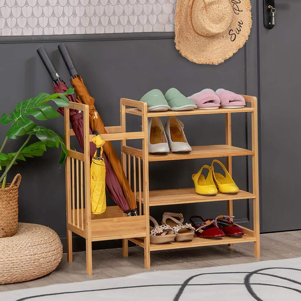 Costway 4-Tier Bamboo Shoe Rack Entryway Organizer w/Umbrella Holder & Shelves