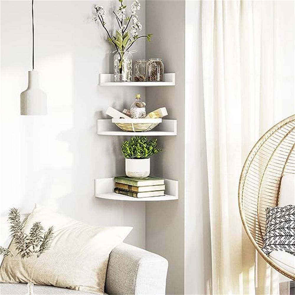 Homode Floating Corner Shelves, Set of 3 Wood Corner Wall Shelves with Wire Hole, 12 Inch Deep Hanging Corner Display Shelf for Living Room, Kitchen, Bedroom, White