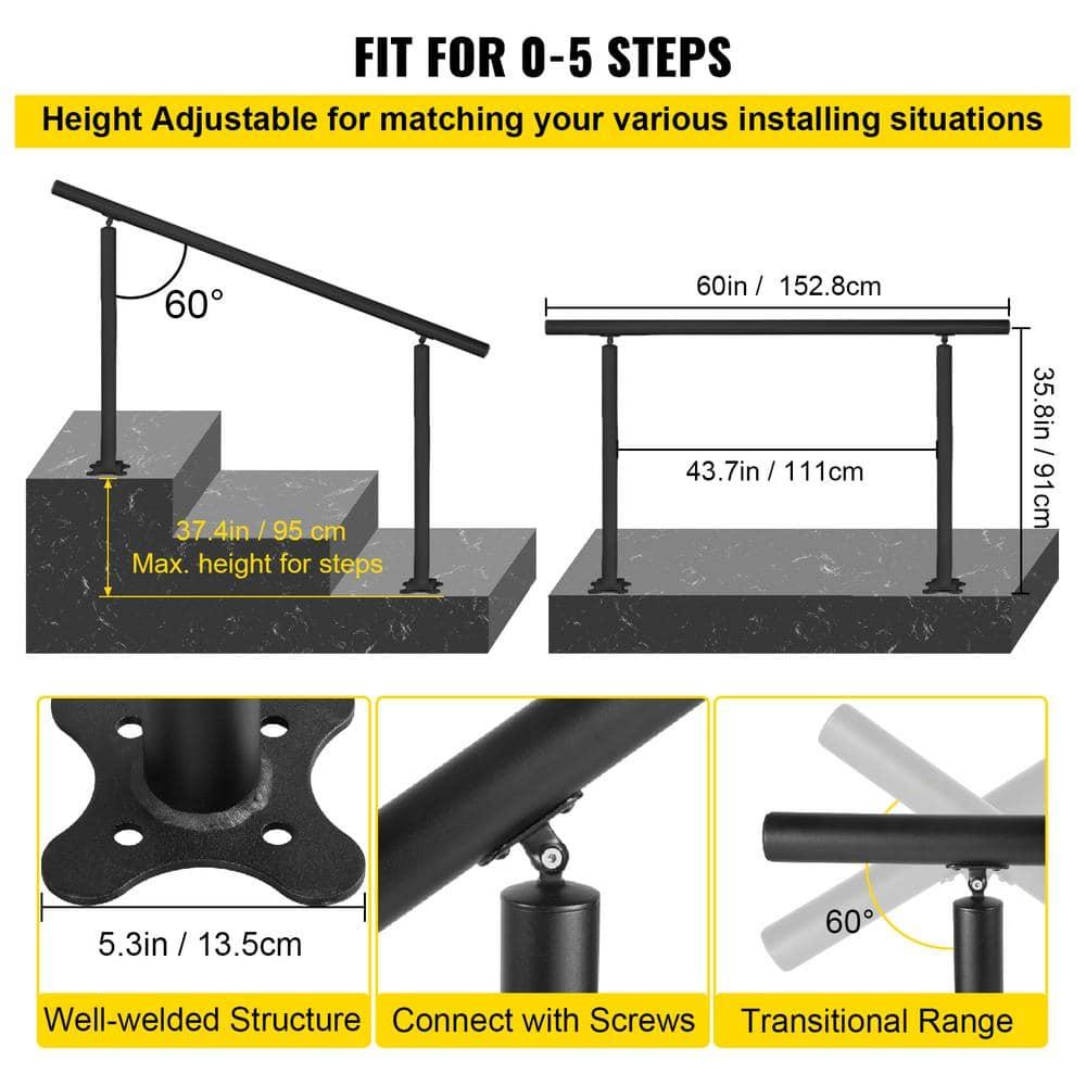 SKYSHALO Stair Railing Kit, , Adjustable Angle Black Aluminum Stair Handrail, 5 ft Handrails for Outdoor 0-5 Steps, Indoor & Outdoor Stairs for the Elderly