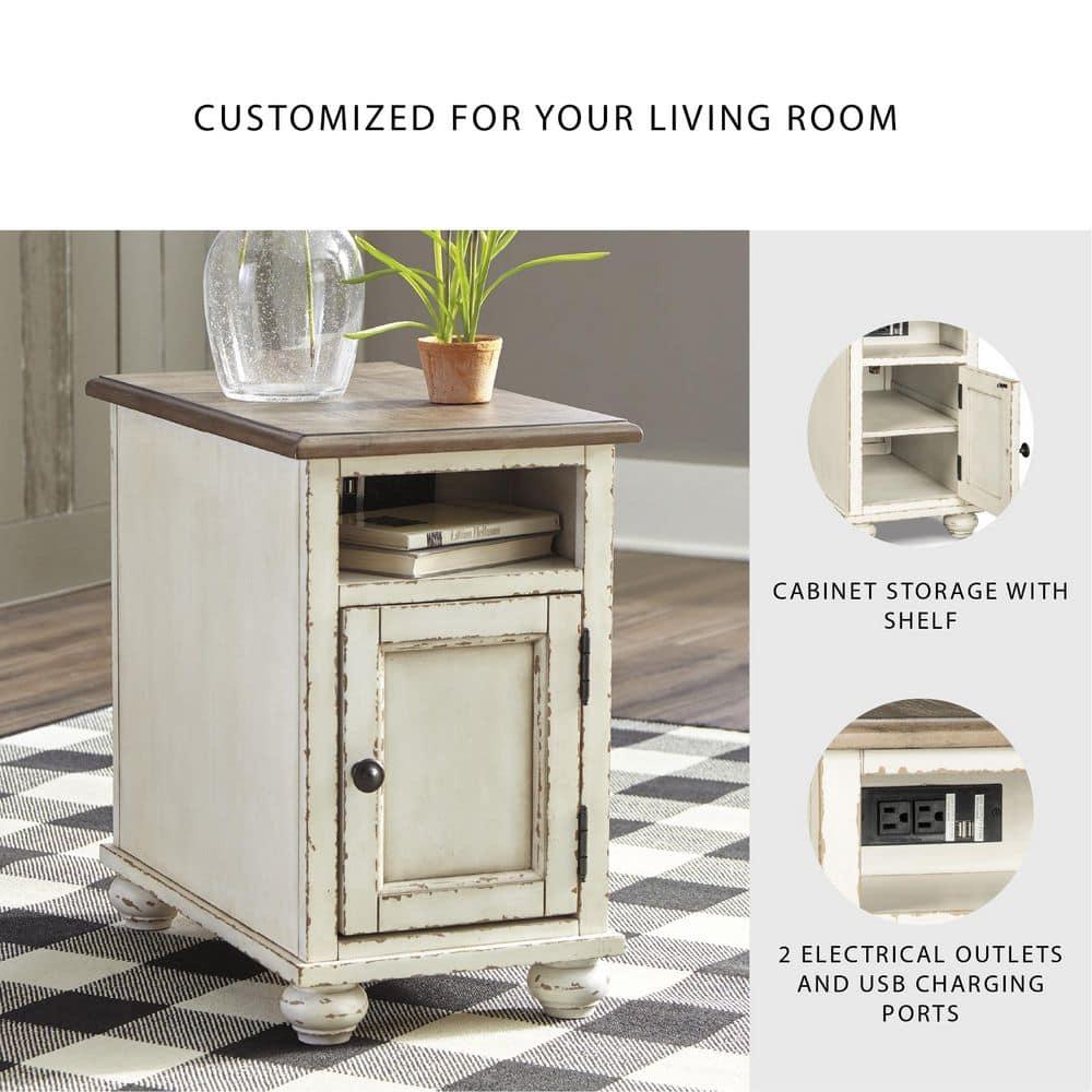 Realyn Chairside End Table White/Brown - Signature Design by Ashley: Cottage Style, Power Outlets, USB Ports