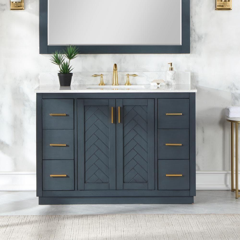 Gazsi 48" Single Bathroom Vanity Set in Charcoal Blue with Grain White Composite Stone Countertop without Mirror