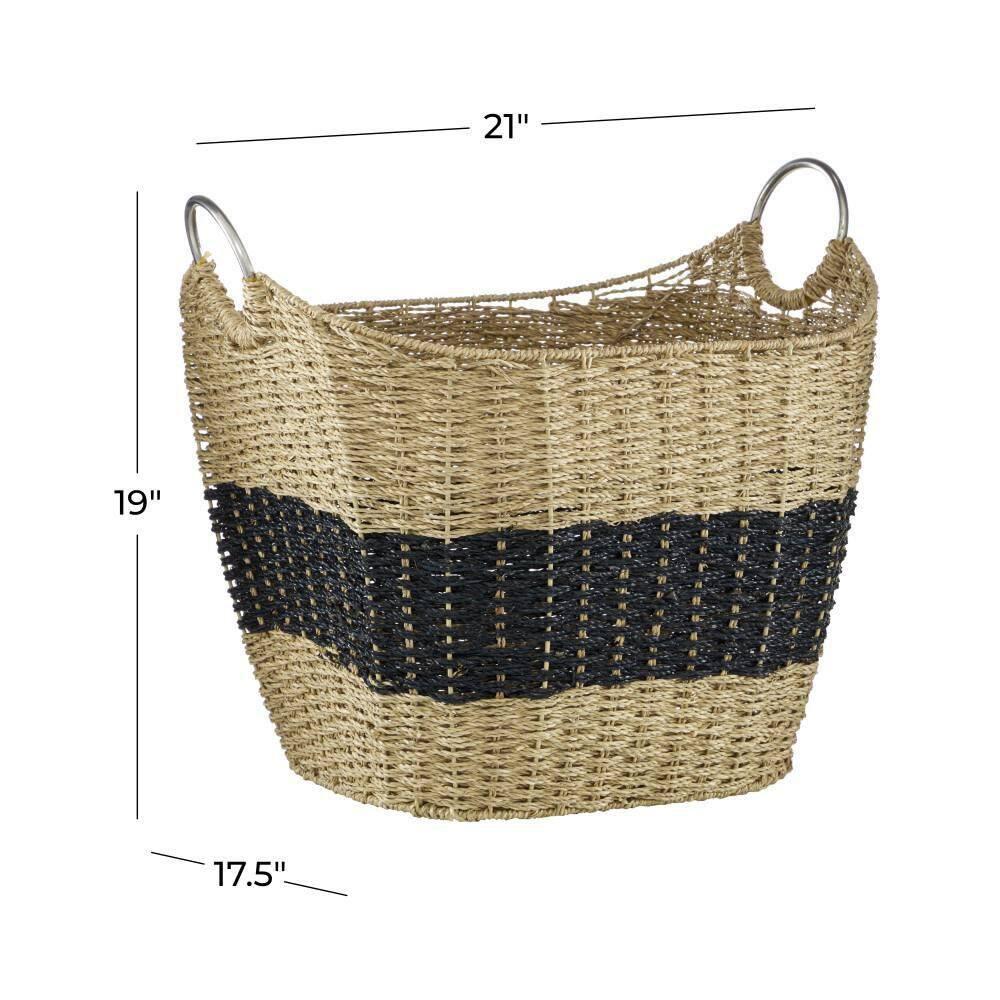 DecMode 21" x 19" Brown Seagrass Handmade Two Toned Storage Basket with Metal Handles, 1-Piece