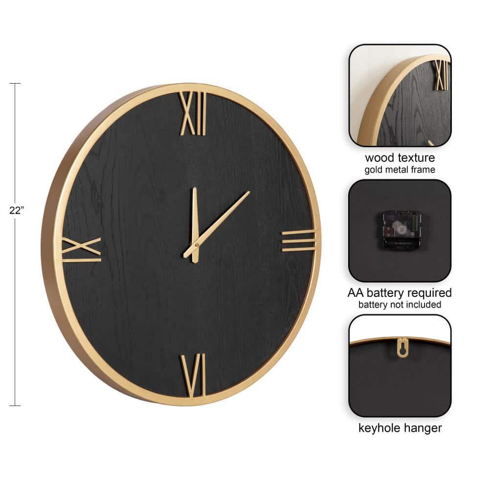 Kate and Laurel Pronte Modern Round Wood and Metal Wall Clock, 22 Inch Diameter, Black and Gold, Decorative Minimal Clock for Bedroom, Entryway, or Living Room Decor
