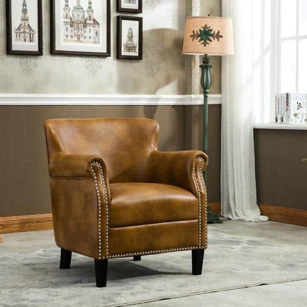 Comfort Pointe Holly Club Chair Camel: Upholstered Nailhead Trim, Faux Leather, Sturdy Wood Frame