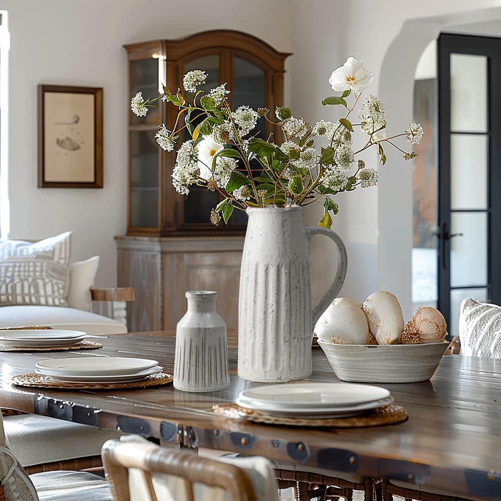 LuxenHome Vintage White Ribbed Terracotta Round Vase