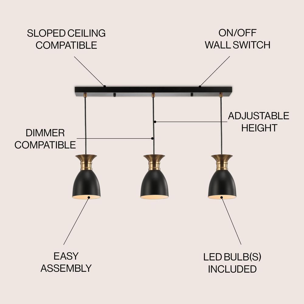 Edison 33.25" Linear 3-Light Metal Linear LED Pendant, Black/Brass Gold