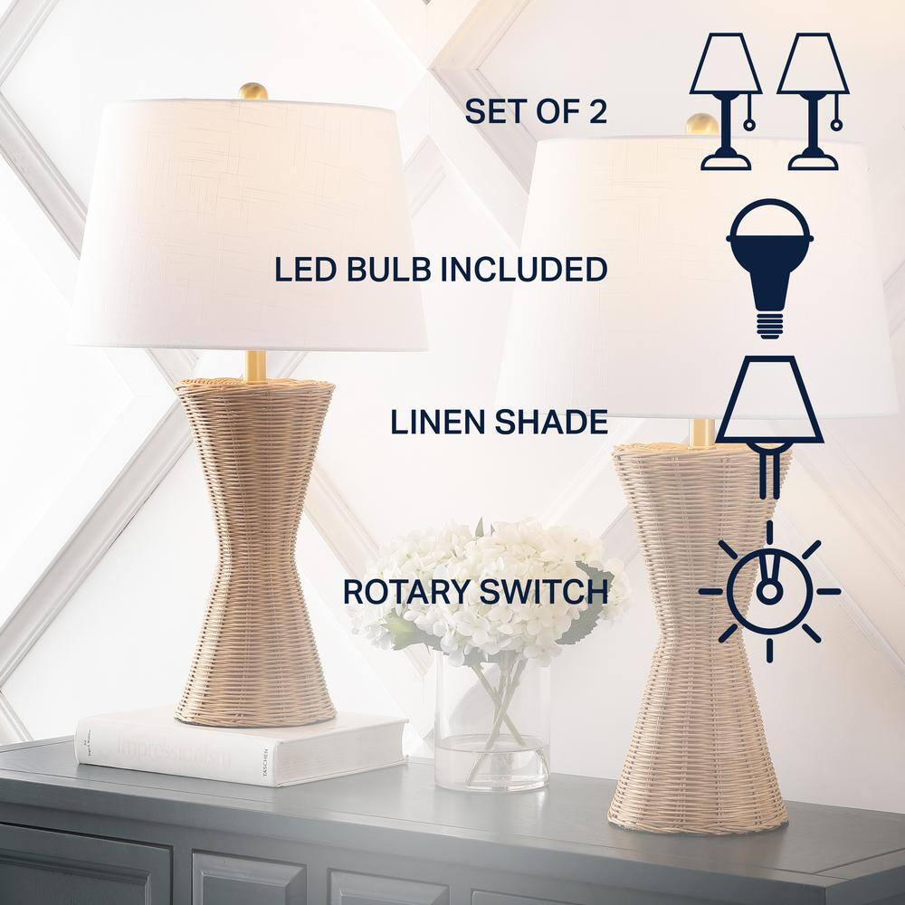 Laura 27 in. Coastal Designer Iron/Rattan Wicker LED Table Lamp Set with Rattan Base and Linen Shade, Natural (Set of 2)