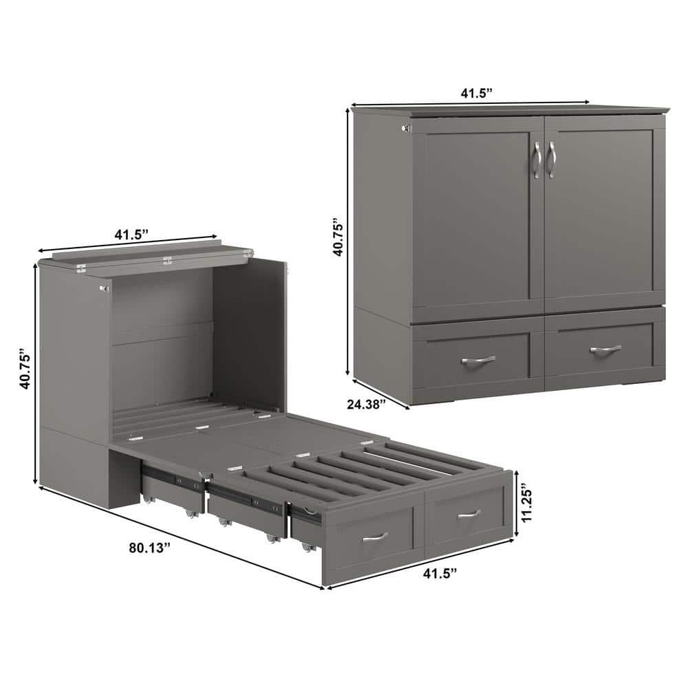 AFI Hamilton Twin XL Solid Wood Murphy Bed Chest with Built-In Charger in Gray