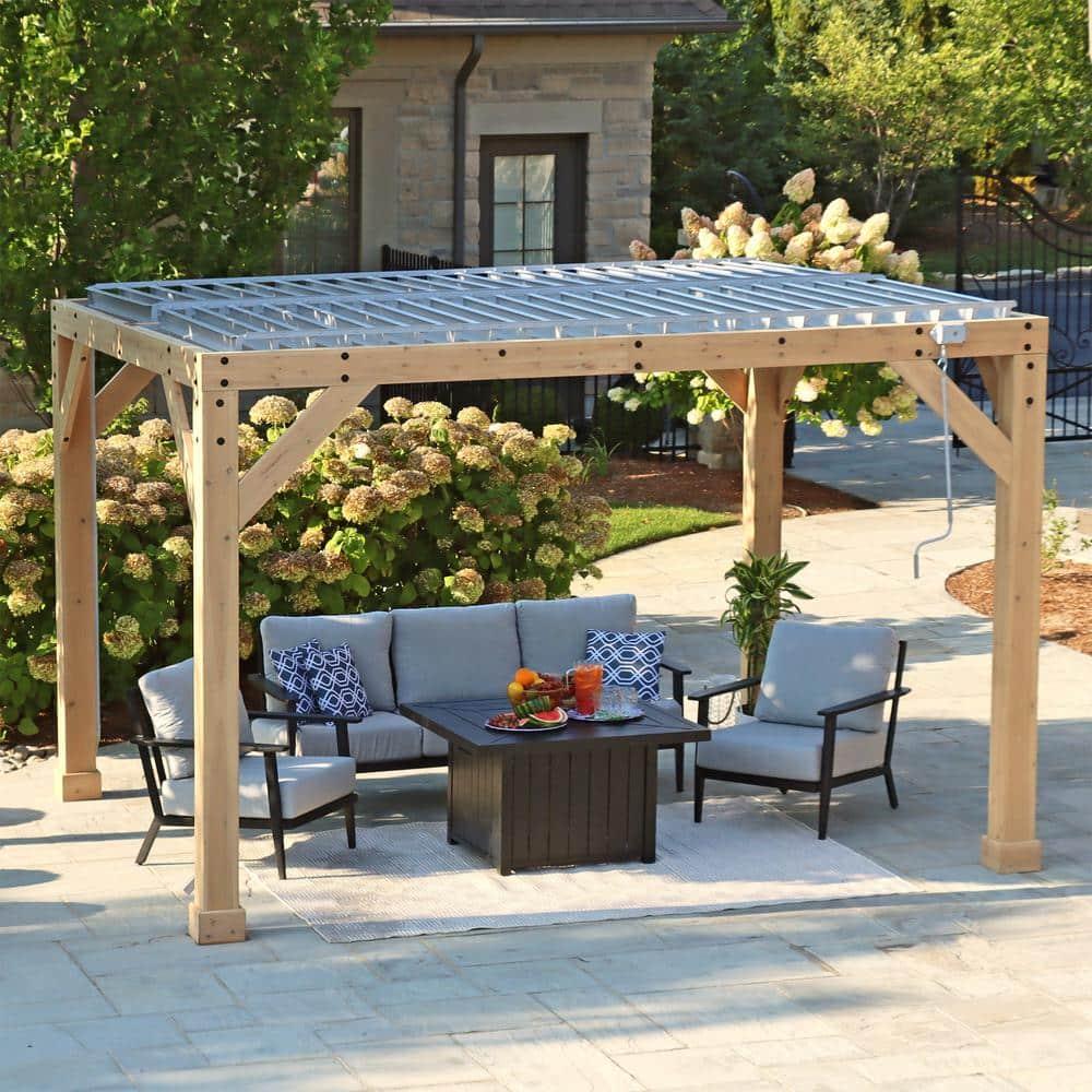 Yardistry 10' x 12' Meridian Louvered Pergola  Premium Cedar Wood Structure with Adjustable Aluminum Louvers and Built-In Gutter System for Outdoor Shade and Rain Protection