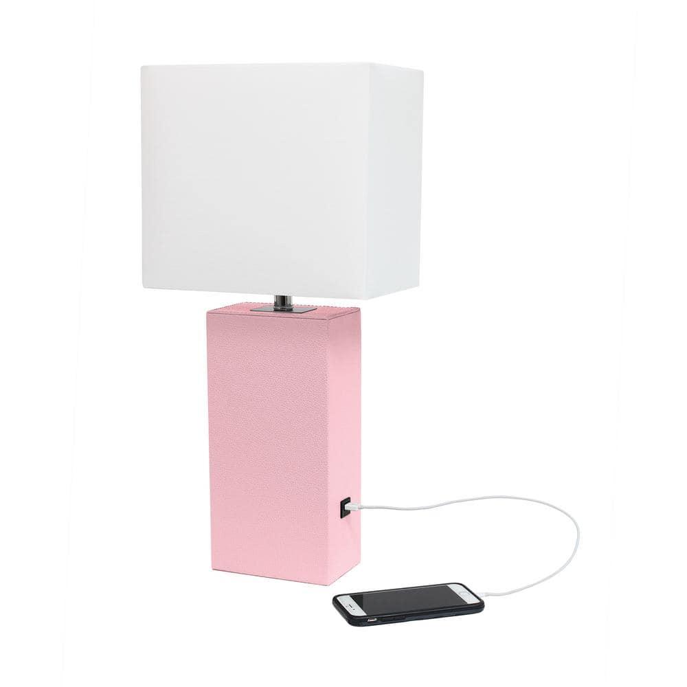 Modern Leather Table Lamp with USB, White Linen Shade, No Assembly - Elegant Designs: UL Listed, 1-Way Switch