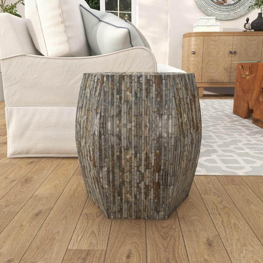 Wrought Studio™ Alissa Mother of Pearl Shell Handmade Shell Mosaic Hexagon Side End Gray Accent Table with Brown Accents
