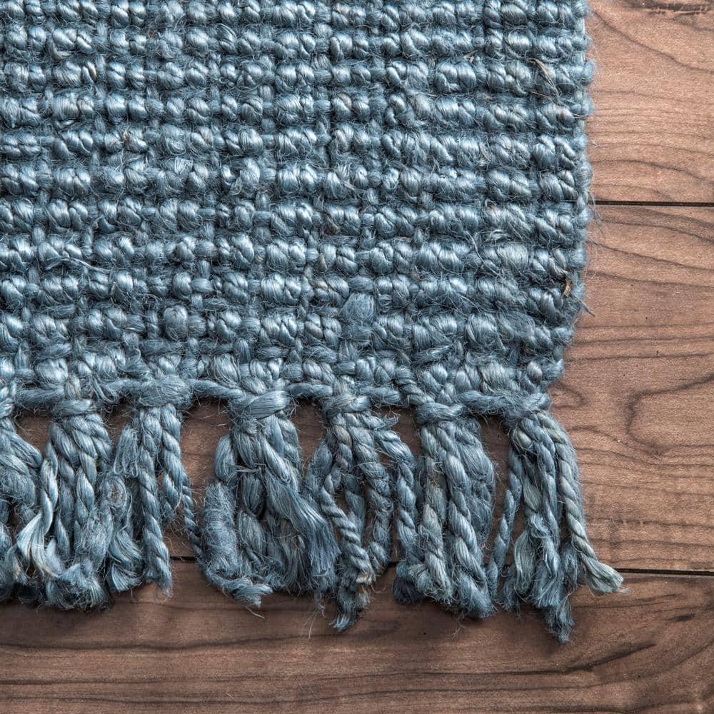 Nuloom 2x12 Daniela Jute Tassel Hand Woven Indoor Area Rug, Blue, Solid Chunky Farmhouse Design, Natural Fiber BedroomLiving Room