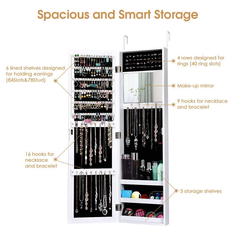 Costway Wall Door Mounted Mirrored Jewelry Cabinet Storage Organizer White