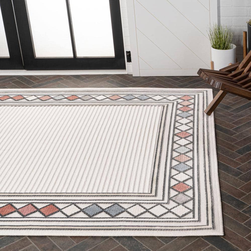 JONATHAN Y Sebastian High-Low Modern Diamond Border Ivory/Beige 3 ft. x 5 ft. Indoor/Outdoor Area Rug
