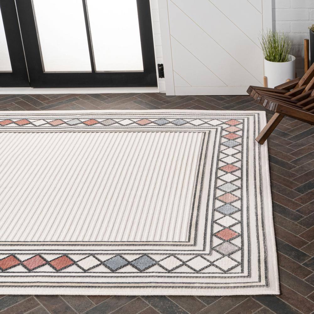 JONATHAN Y Sebastian High-Low Modern Diamond Border Ivory/Beige 4 ft. x 6 ft. Indoor/Outdoor Area Rug